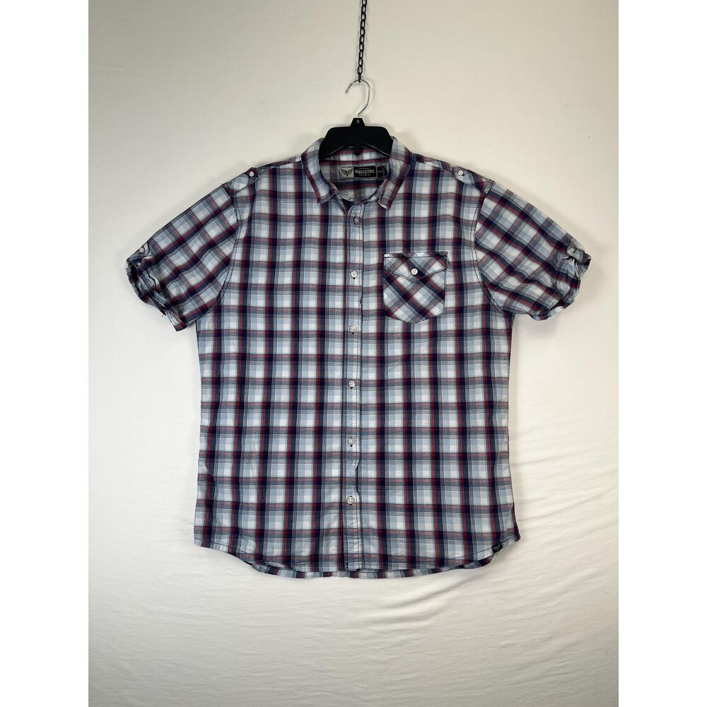 Industry Shirt Mens XL Blue Plaid Short Sleeve Button Up Cotton Pocket Casual